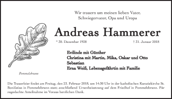 Traueranzeige von Andreas Hammerer von Hersbrucker Zeitung