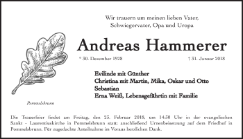 Traueranzeige von Andreas Hammerer von Hersbrucker Zeitung