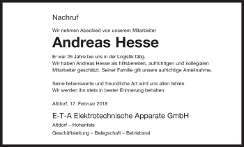 Traueranzeige von Andreas Hesse von Der Bote