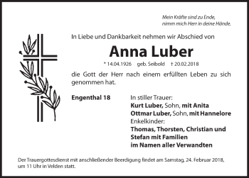 Traueranzeige von Anna Luber von Hersbrucker Zeitung
