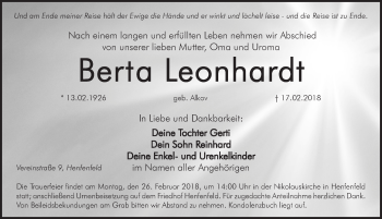 Traueranzeige von Berta Leonhardt von Hersbrucker Zeitung