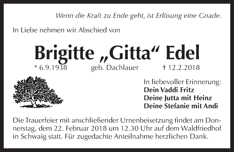  Traueranzeige für Brigitte Edel vom 17.02.2018 aus Pegnitz-Zeitung