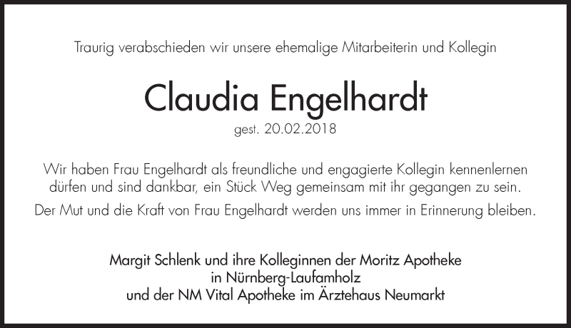  Traueranzeige für Claudia Engelhardt vom 28.02.2018 aus Hersbrucker Zeitung