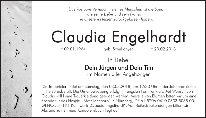  Traueranzeige für Claudia Engelhardt vom 24.02.2018 aus Hersbrucker Zeitung