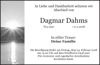 Traueranzeige von Dagmar Dahms von Pegnitz-Zeitung