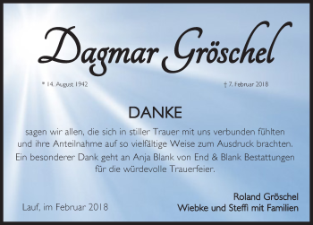 Traueranzeige von Dagmar Gröschel von Pegnitz-Zeitung