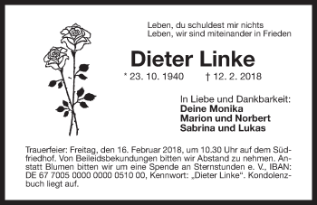 Traueranzeige von Dieter Linke von Der Bote