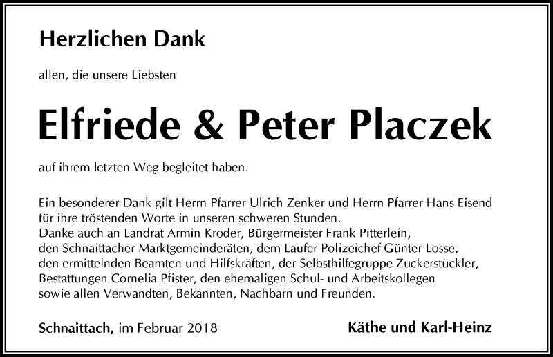  Traueranzeige für Elfriede und Peter Placzek vom 24.02.2018 aus Pegnitz-Zeitung