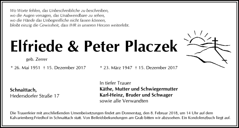  Traueranzeige für Elfriede und Peter Placzek vom 03.02.2018 aus Pegnitz-Zeitung
