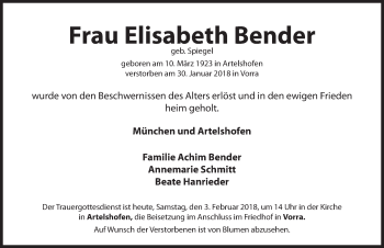 Traueranzeige von Elisabeth Bender von Hersbrucker Zeitung