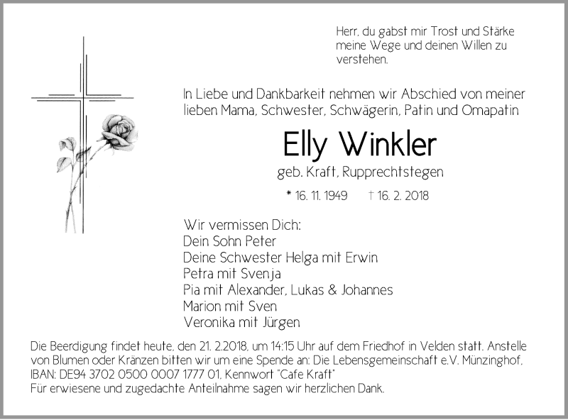  Traueranzeige für Elly Winkler vom 20.02.2018 aus Hersbrucker Zeitung