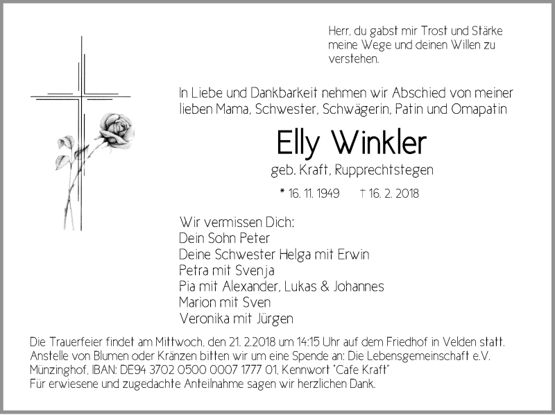  Traueranzeige für Elly Winkler vom 20.02.2018 aus Pegnitz-Zeitung