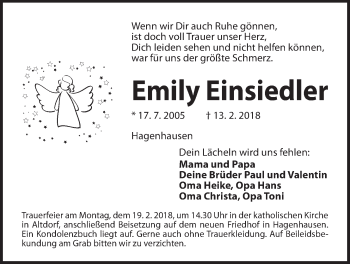 Traueranzeige von Emily Einsiedler von Der Bote