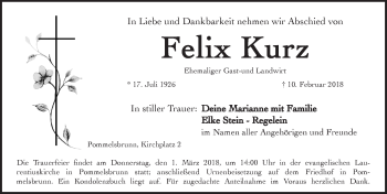 Traueranzeige von Felix Kurz von Hersbrucker Zeitung