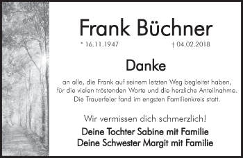 Traueranzeige von Frank Büchner von Pegnitz-Zeitung