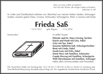 Traueranzeige von Frieda Saß von Pegnitz-Zeitung