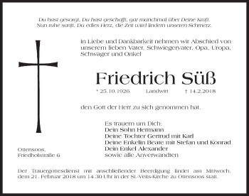 Traueranzeige von Friedrich Süß von Pegnitz-Zeitung