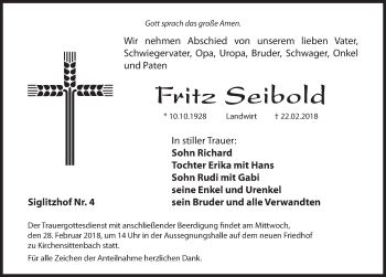 Traueranzeige von Fritz Seibold von Hersbrucker Zeitung