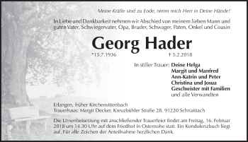 Traueranzeige von Georg Hader von Hersbrucker Zeitung