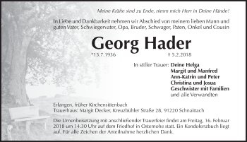 Traueranzeige von Georg Hader von Pegnitz-Zeitung