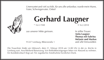 Traueranzeige von Gerhard Laugner von Pegnitz-Zeitung