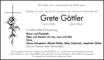 Traueranzeige von Grete Göttler von Hersbrucker Zeitung