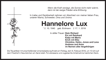 Traueranzeige von Hannelore Lux von Der Bote