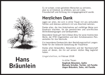 Traueranzeige von Hans Bräunlein von Der Bote