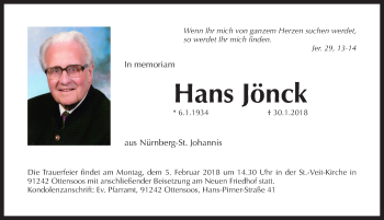 Traueranzeige von Hans Jönck von Pegnitz-Zeitung