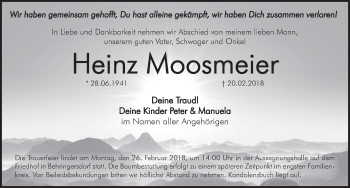 Traueranzeige von Heinz Moosmeier von Pegnitz-Zeitung