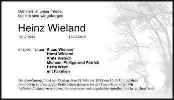 Traueranzeige von Heinz Wieland von Pegnitz-Zeitung