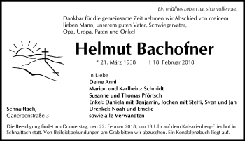 Traueranzeige von Helmut Bachofner von Pegnitz-Zeitung