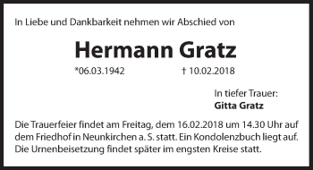 Traueranzeige von Hermann Gratz von Hersbrucker Zeitung