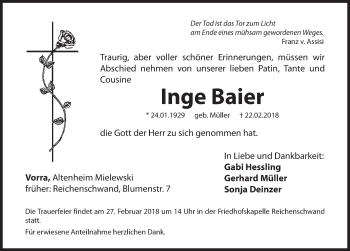 Traueranzeige von Inge Baier von Hersbrucker Zeitung