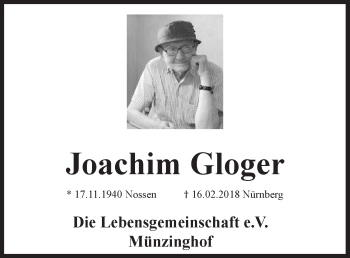 Traueranzeige von Joachim Gloger von Hersbrucker Zeitung