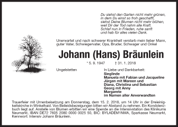 Traueranzeige von Johann Bräunlein von Der Bote