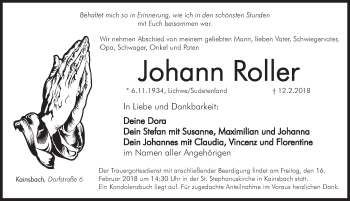 Traueranzeige von Johann Roller von Hersbrucker Zeitung