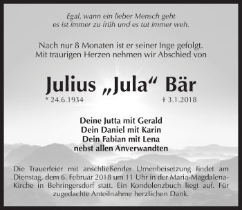 Traueranzeige von Julius  Bär von Pegnitz-Zeitung
