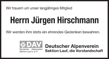 Traueranzeige von Jürgen Hirschmann von Pegnitz-Zeitung