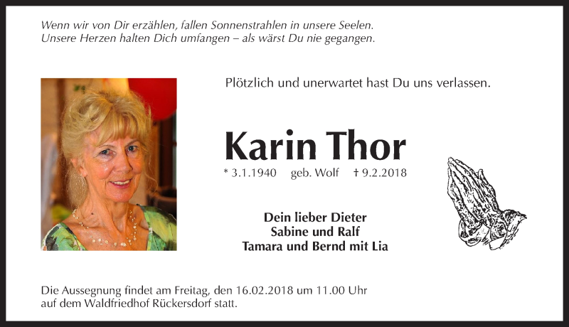  Traueranzeige für Karin Thor vom 13.02.2018 aus Pegnitz-Zeitung