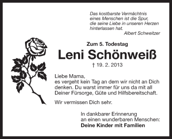 Traueranzeige von Leni Schönweiß von Der Bote
