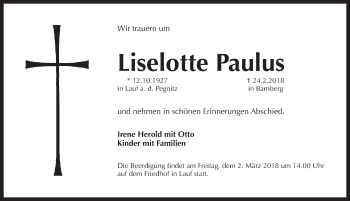 Traueranzeige von Liselotte Paulus von Pegnitz-Zeitung