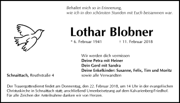 Traueranzeige von Lothar Blobner von Pegnitz-Zeitung