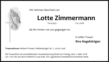 Traueranzeige von Lotte Zimmermann von Pegnitz-Zeitung