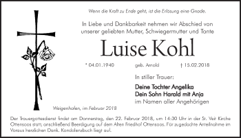 Traueranzeige von Luise Kohl von Pegnitz-Zeitung