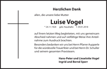 Traueranzeige von Luise Vogel von Hersbrucker Zeitung
