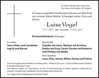 Traueranzeige von Luise Vogel von Hersbrucker Zeitung
