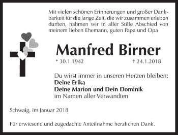Traueranzeige von Manfred Birner von Pegnitz-Zeitung