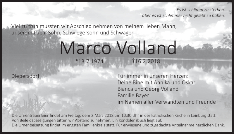  Traueranzeige für Marco Volland vom 28.02.2018 aus Pegnitz-Zeitung