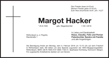 Traueranzeige von Margot Hacker von Pegnitz-Zeitung